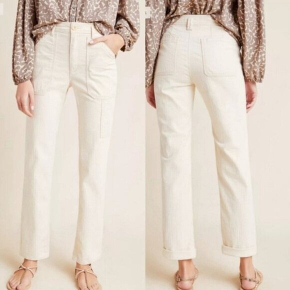 Anthropologie Ivory Striped High Rise Straight Leg Utility Carpenter Pants Sz 32 - Picture 1 of 11